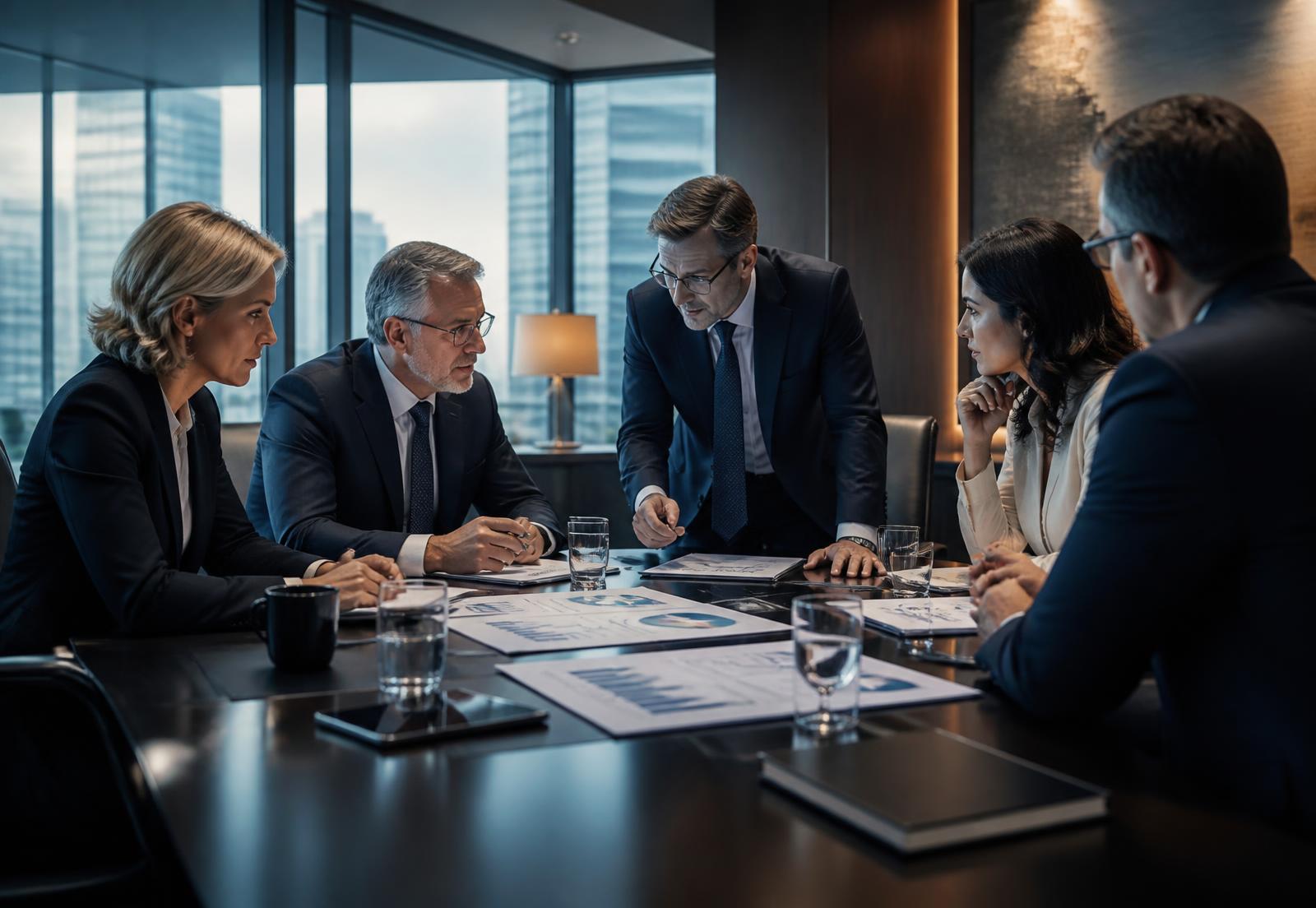 Consultores revisando indicadores financieros en una sala de consejo