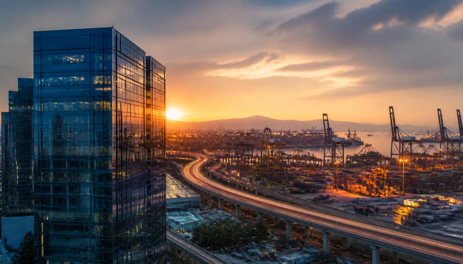Panorámica de infraestructura industrial, logística y corporativa al atardecer