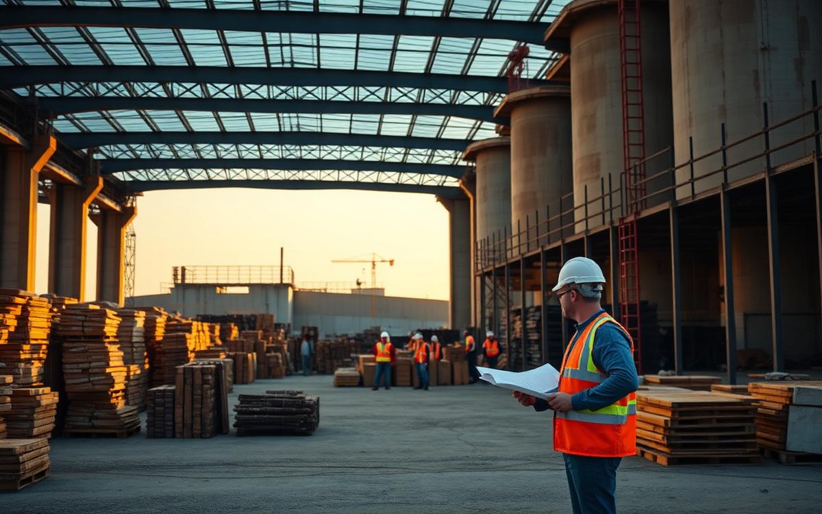 Planta de materiales de construcción con ingenieros en sitio
