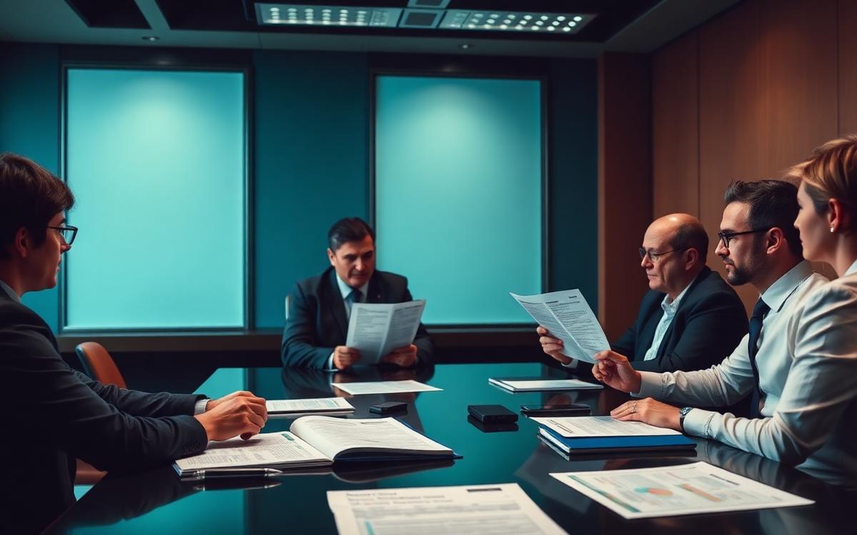 Ejecutivos de seguros revisando datos de cartera en pantallas