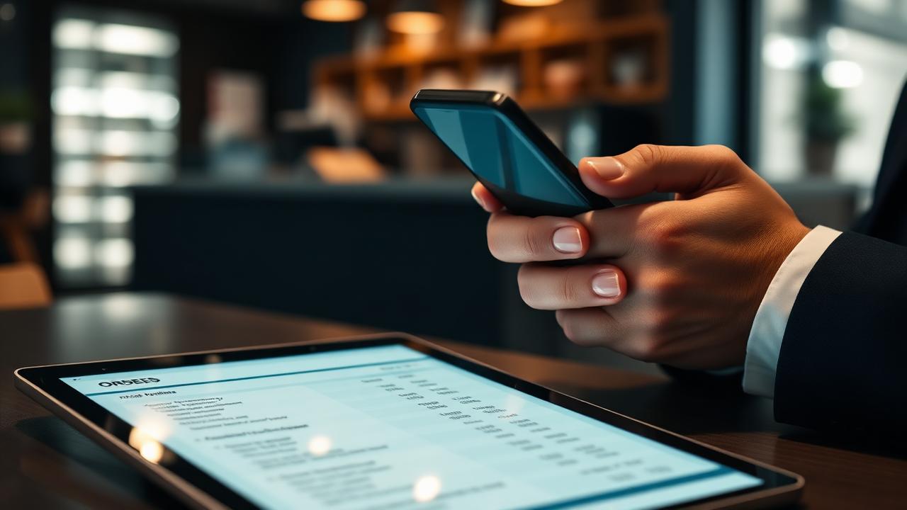 Manos usando el chat con clientes en el celular mientras una tablet muestra pedidos y pagos