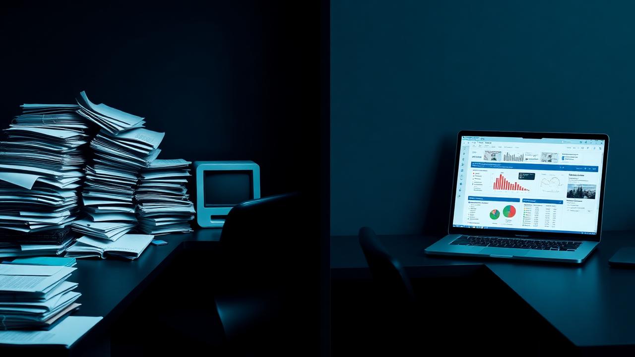 Dos escritorios comparados: uno con pilas de carpetas de papel y otro con laptop mostrando un tablero