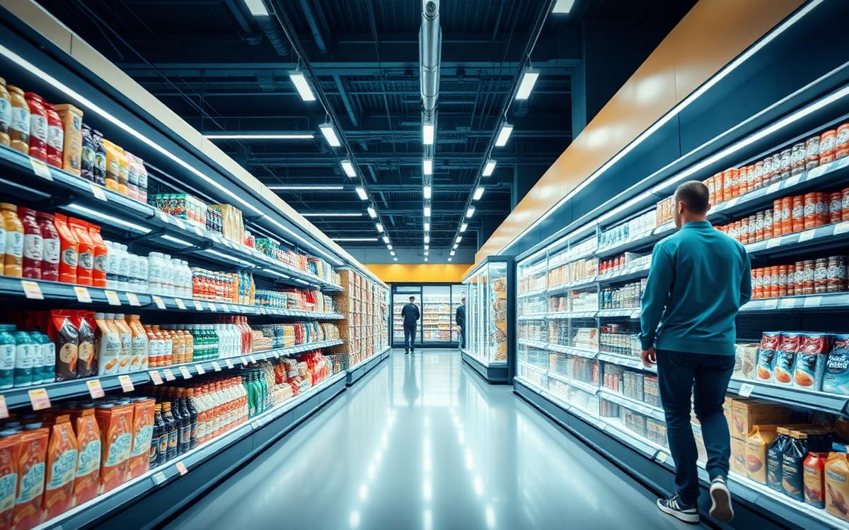 Pasillo de retail moderno con productos de consumo