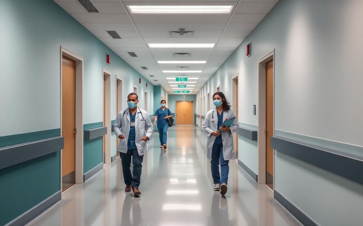 Pasillo de hospital privado con personal médico