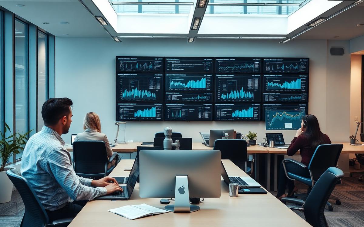 Equipo de tecnología y servicios frente a tableros de datos