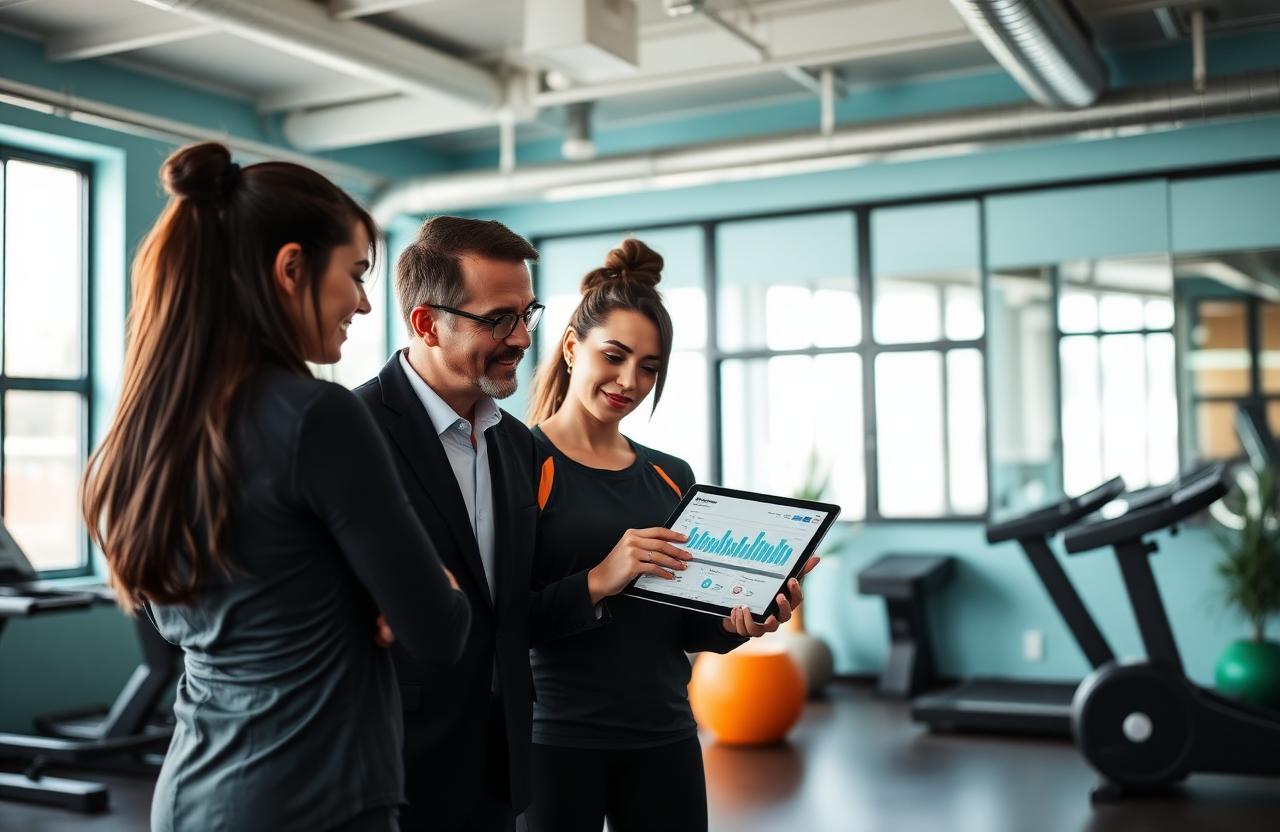 Equipo de un estudio de fitness revisando analítica de membresías en tableta